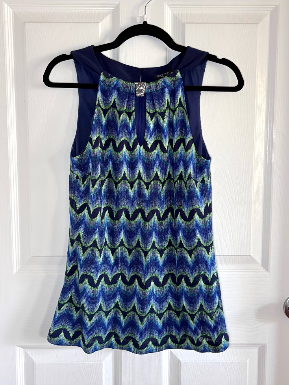 Etcetera Jacquard Knit Weave Tank Top Blouse Geometric Blue Green Teal Small